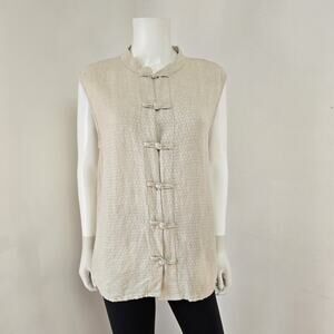 Eileen Fisher Shirt Size L Sleeveless Frog Toggle Buttons Linen Beige Artsy